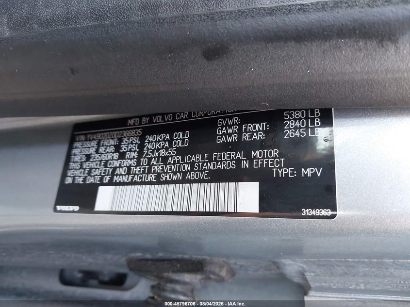 2013 Volvo Xc60 VIN YV4902DZ0D2366835 IAAI salvage auction — NORMAL WEAR, Clear (South Carolina), sold $275 on 2026-08-11 (photo 9)