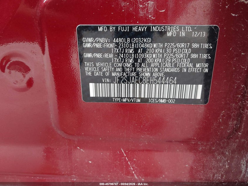 2014 Subaru Forester VIN JF2SJAEC8EH544464 IAAI salvage auction — NORMAL WEAR, Certificate Of Title (Nebraska), sold $25 on 2026-08-23 (photo 9)