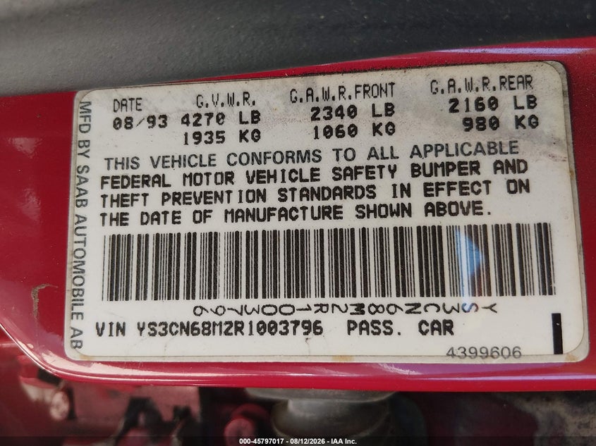 1994 Saab 9000 VIN YS3CN68M2R1003796 IAAI salvage auction — NORMAL WEAR, Clear (Florida), sold $50 on 2026-08-18 (photo 9)