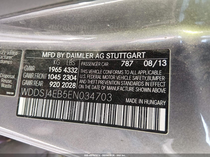 2014 Mercedes-benz Cla-klasse VIN WDDSJ4EB5EN034703 IAAI salvage auction — FRONT END, Original (Texas), sold $1,725 on 2026-08-10 (photo 9)