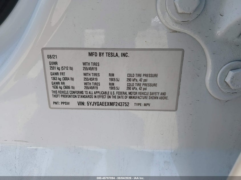 2021 Tesla Model y VIN 5YJYGAEEXMF243752 IAAI salvage auction — REAR END, Wait Title, sold $8,300 on 2026-09-06 (photo 9)
