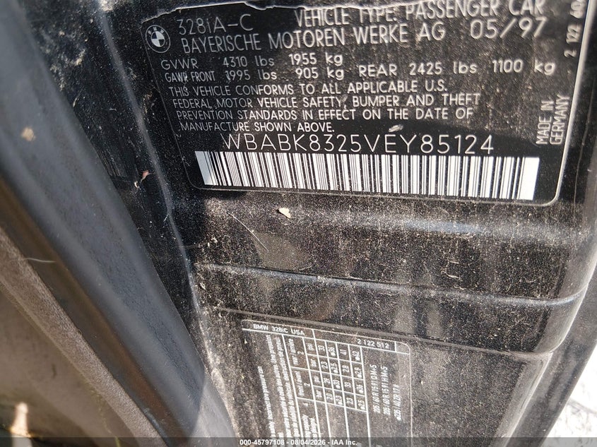 1997 BMW 3 series VIN WBABK8325VEY85124 IAAI salvage auction — NORMAL WEAR, Clear (Arkansas), sold $650 on 2026-08-22 (photo 9)