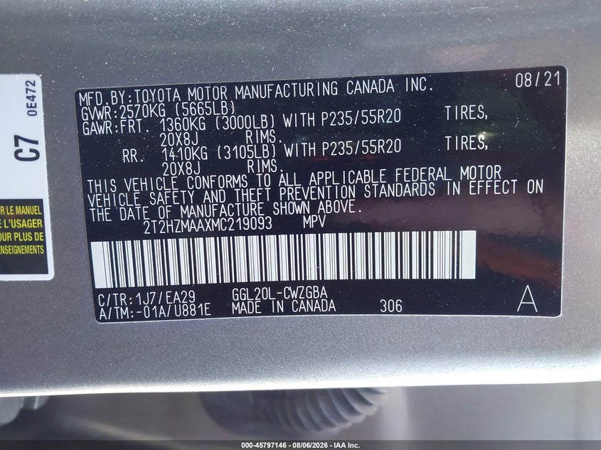 2021 Lexus Rx VIN 2T2HZMAAXMC219093 IAAI salvage auction — FRONT END, Wait Title, sold $15,950 on 2026-08-26 (photo 9)