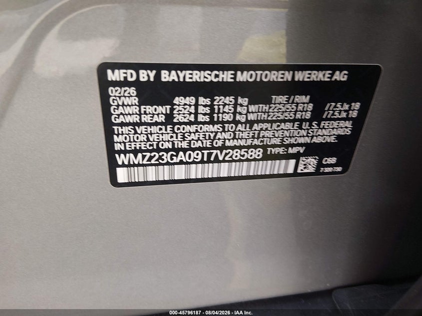 2026 Mini Countryman VIN WMZ23GA09T7V28588 IAAI salvage auction — FRONT END, Certificate Of Destruction (Florida), sold $2,350 on 2026-08-12 (photo 9)