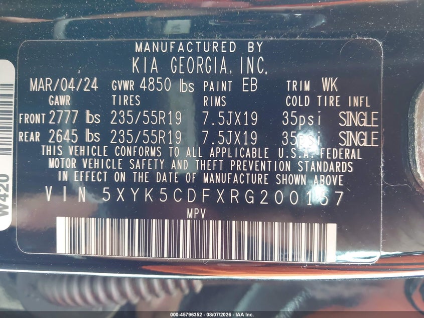 2024 Kia Sportage VIN 5XYK5CDFXRG200157 IAAI salvage auction — FRONT END, Salvage Title, sold $7,800 on 2026-08-21 (photo 9)
