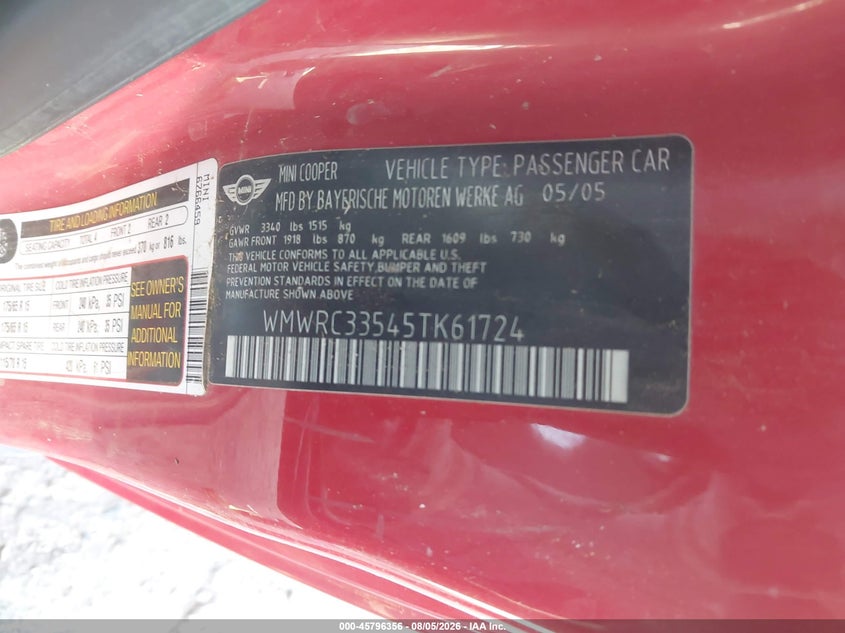 2005 Mini Cooper VIN WMWRC33545TK61724 IAAI salvage auction — NORMAL WEAR, Clear (New Mexico), sold $225 on 2026-08-10 (photo 9)