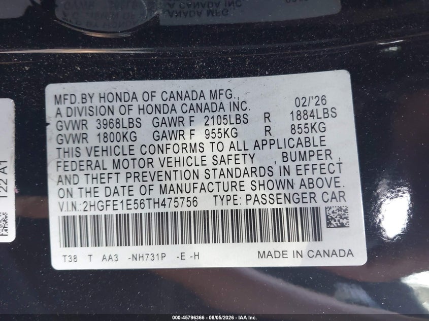 2026 Honda Civic VIN 2HGFE1E56TH475756 IAAI salvage auction — LEFT SIDE, Salvage Title, sold $10,775 on 2026-08-25 (photo 9)