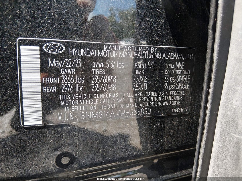 2023 Hyundai Santa fe VIN 5NMS14AJ1PH585850 IAAI salvage auction — REAR END, SF97 (Kentucky), sold $6,200 on 2026-10-13 (photo 9)