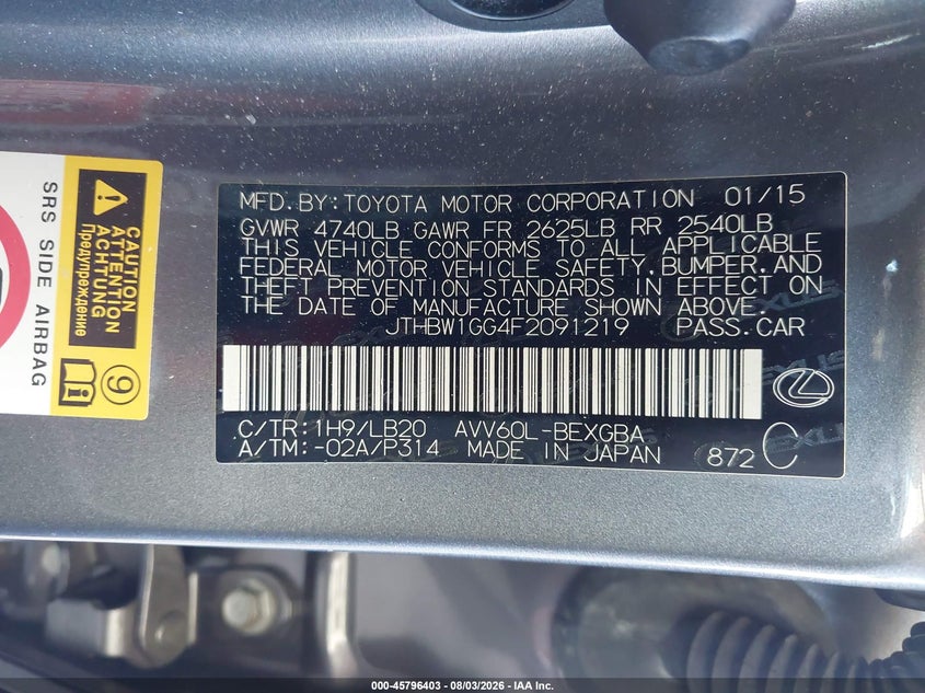 2015 Lexus ES VIN JTHBW1GG4F2091219 IAAI salvage auction — FRONT END, Wait Title, sold $7,600 on 2026-09-30 (photo 9)