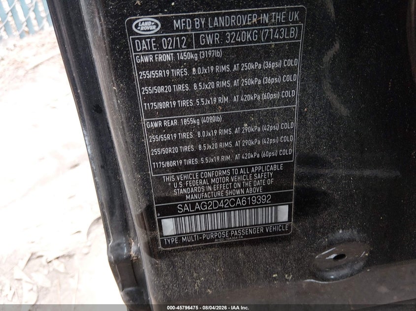 2012 Land rover Lr4 VIN SALAG2D42CA619392 IAAI salvage auction — ENGINE BURN, Clear (Virginia), sold $1,850 on 2026-08-26 (photo 9)