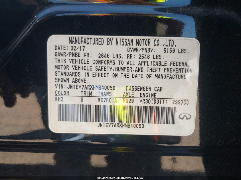 2017 Infiniti Q50 VIN JN1EV7ARXHM840050 IAAI salvage auction — UNKNOWN, Salvage Title, sold $2,450 on 2026-08-19 (photo 9)