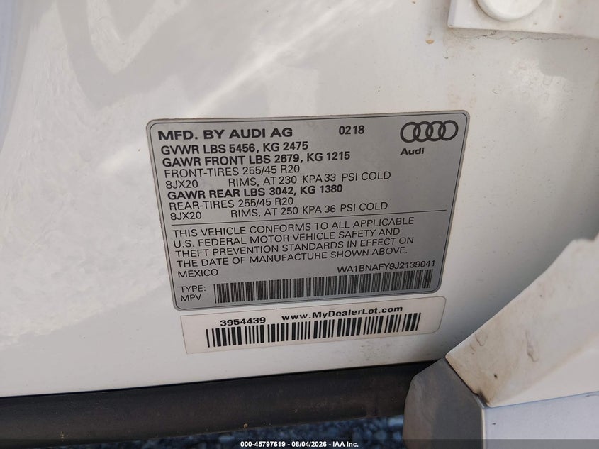 2018 Audi Q5 VIN WA1BNAFY9J2139041 IAAI salvage auction — NORMAL WEAR, Clear (Oklahoma), sold $2,150 on 2026-08-14 (photo 8)