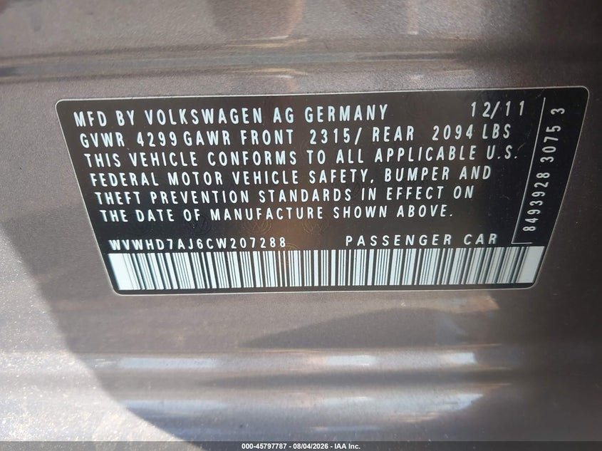 2012 Volkswagen Gti VIN WVWHD7AJ6CW207288 IAAI salvage auction — NORMAL WEAR, Clear (Illinois), sold $475 on 2026-08-13 (photo 9)