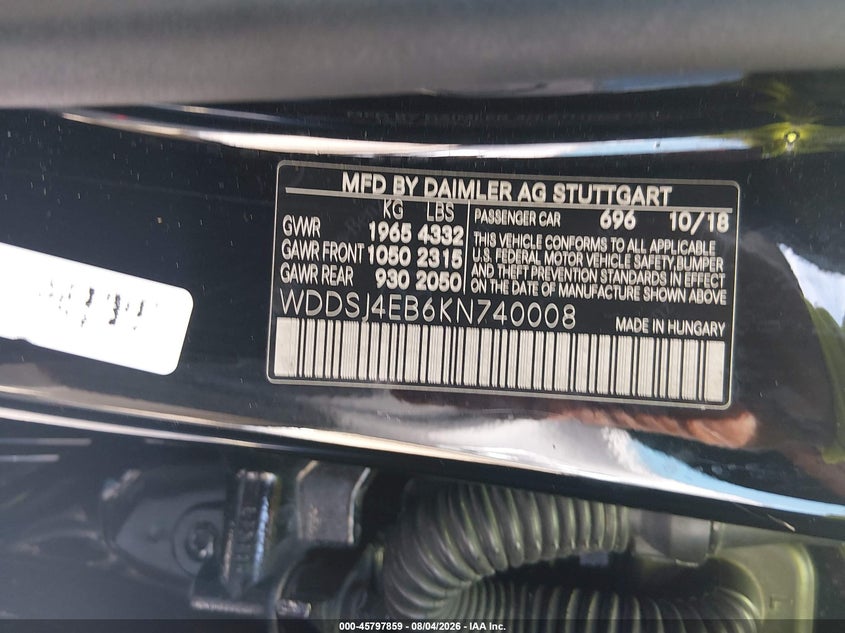 2019 Mercedes-benz Cla-klasse VIN WDDSJ4EB6KN740008 IAAI salvage auction — REAR END, Salvage Title, sold $3,750 on 2026-08-17 (photo 9)