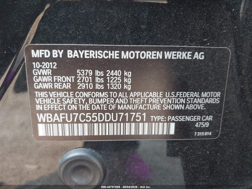 2013 BMW 5er VIN WBAFU7C55DDU71751 IAAI salvage auction — NORMAL WEAR, Wait Title, sold $725 on 2026-08-21 (photo 9)