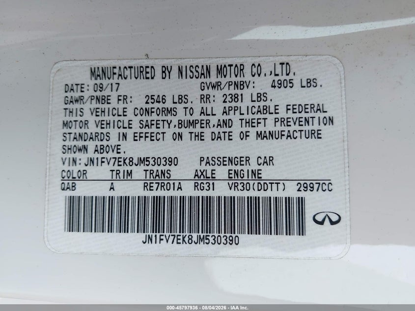 2018 Infiniti Q60 VIN JN1FV7EK8JM530390 IAAI salvage auction — FRONT END, Bill Of Sale (Washington), sold $8,000 on 2026-08-22 (photo 9)
