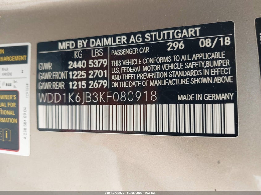 2019 Mercedes-benz E-klasse VIN WDD1K6JB3KF080918 IAAI salvage auction — FRONT END, Salvage Title, sold $10,500 on 2026-08-15 (photo 9)