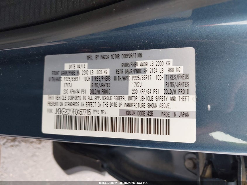 2015 Mazda Cx-5 VIN JM3KE2CY7F0467715 IAAI salvage auction — LEFT FRONT, Salvage Title, sold $2,550 on 2026-08-23 (photo 9)