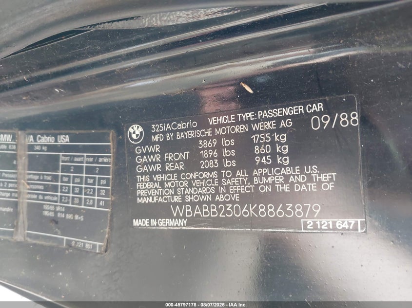 1989 BMW 3 series VIN WBABB2306K8863879 IAAI salvage auction — NORMAL WEAR, Clear (Michigan), sold $1,650 on 2026-08-17 (photo 9)