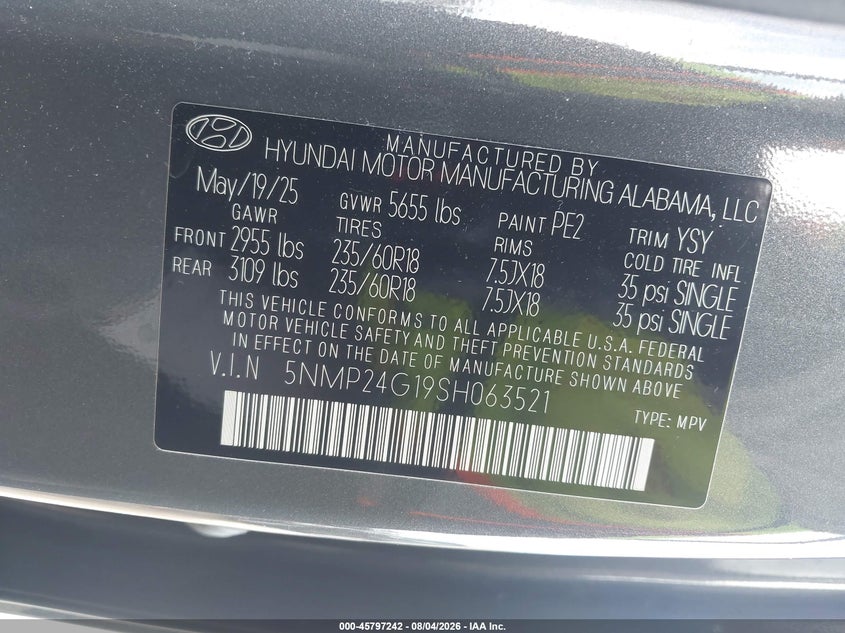 2025 Hyundai Santa fe VIN 5NMP24G19SH063521 IAAI salvage auction — HAIL, Clear (Texas), sold $22,250 on 2026-08-19 (photo 9)