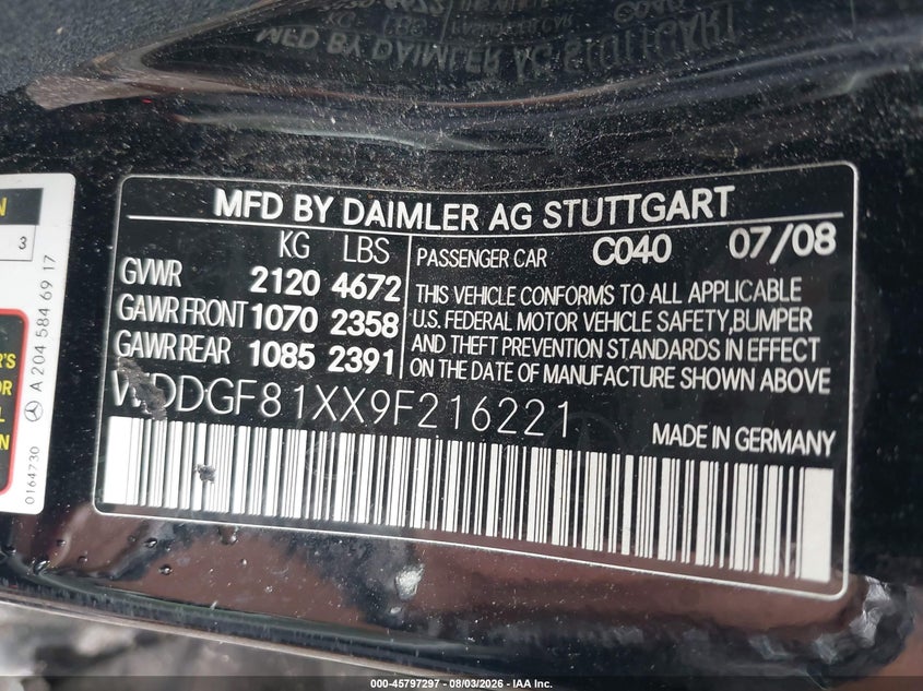 2009 Mercedes-benz C class VIN WDDGF81XX9F216221 IAAI salvage auction — NORMAL WEAR, Clear (New York), sold $550 on 2026-08-18 (photo 9)
