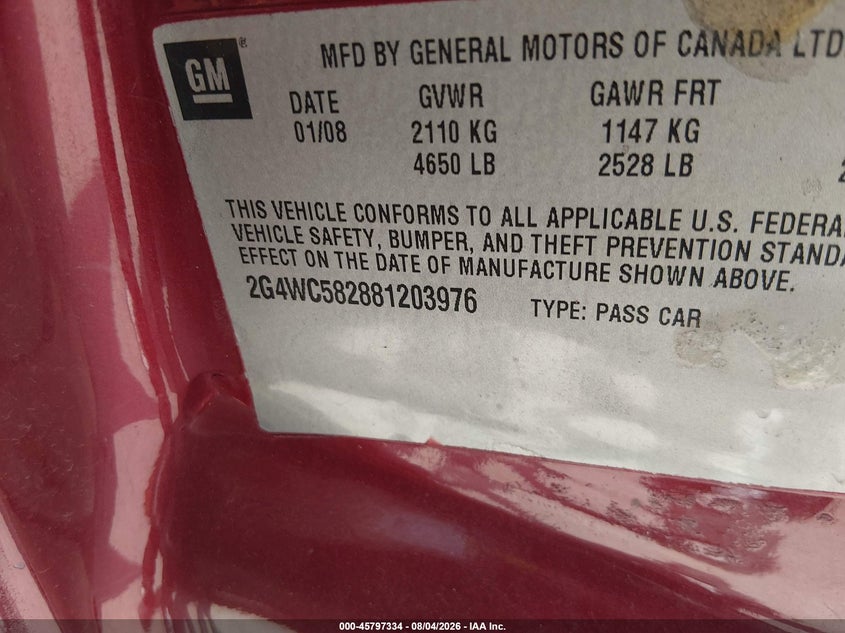2008 Buick LaCrosse VIN 2G4WC582881203976 IAAI salvage auction — Repossession, Clear, sold $275 on 2026-10-12 (photo 9)