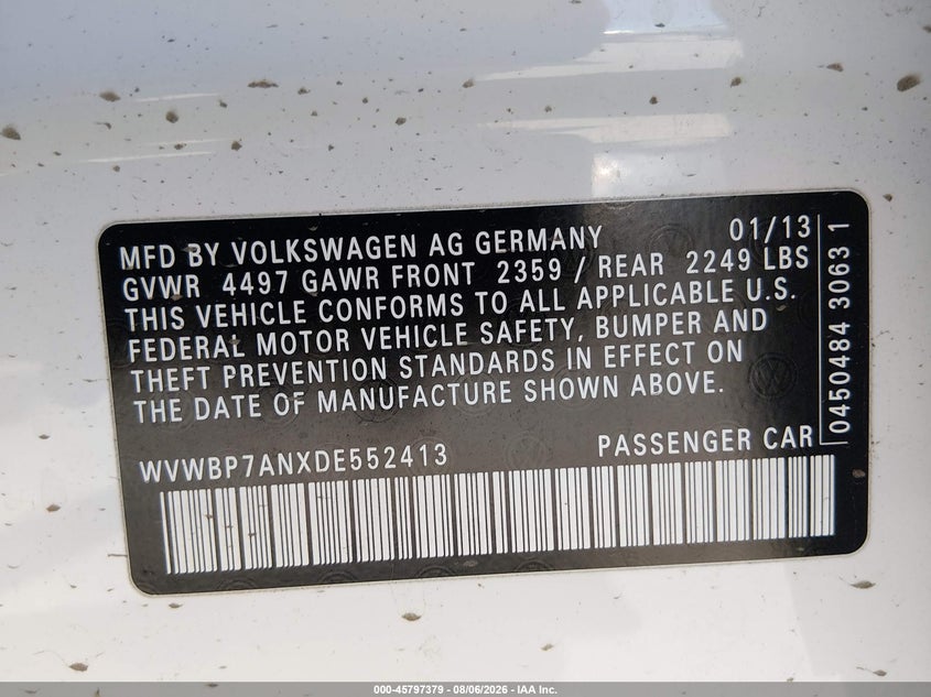 2013 Volkswagen Passat cc VIN WVWBP7ANXDE552413 IAAI salvage auction — NORMAL WEAR, Clear - Dealer Only (California), sold $275 on 2026-08-17 (photo 9)