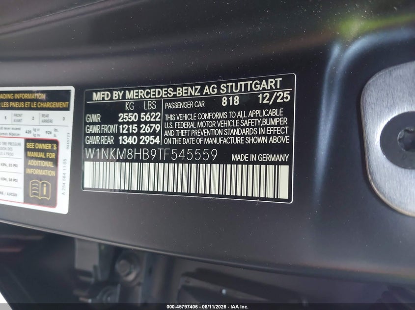 2026 Mercedes-benz VIN W1NKM8HB9TF545559 IAAI salvage auction — FRONT END, Salvage Certificate (California), sold $35,725 on 2026-09-30 (photo 9)