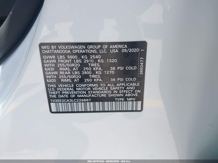 2020 Volkswagen Atlas cross sport VIN 1V2EE2CA3LC229667 IAAI salvage auction — REAR END, Salvage Title, sold $8,000 on 2026-08-16 (photo 9)