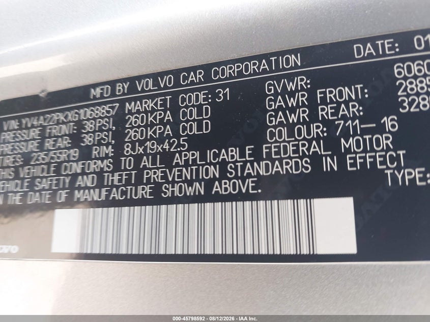 2016 Volvo Xc90 VIN YV4A22PKXG1068857 IAAI salvage auction — FRONT END, Wait Title, sold $5,400 on 2026-09-07 (photo 9)