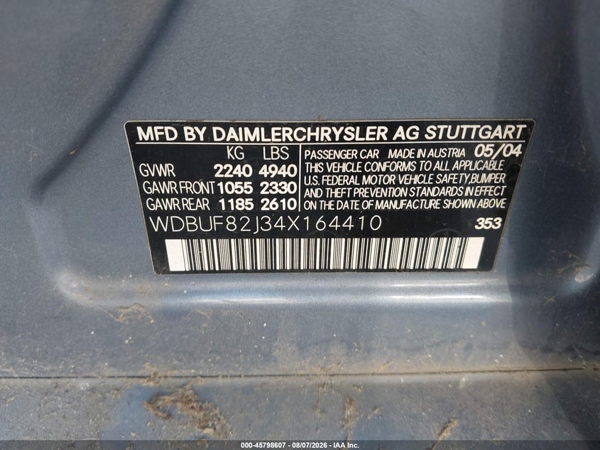 2004 Mercedes-benz E-class VIN WDBUF82J34X164410 IAAI salvage auction — NORMAL WEAR, Clear - Dealer Only (California), sold $125 on 2026-08-17 (photo 9)