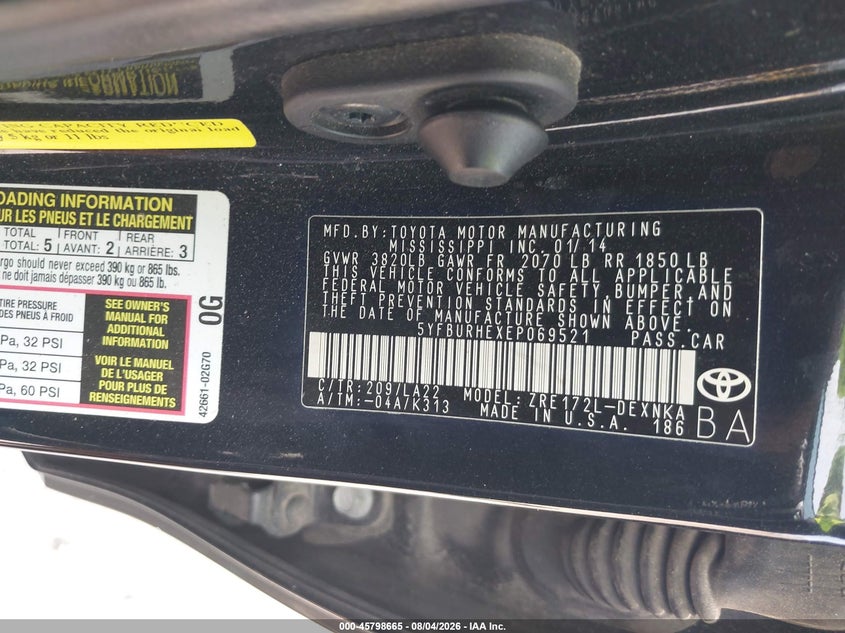 2014 Toyota Corolla VIN 5YFBURHEXEP069521 IAAI salvage auction — NORMAL WEAR, Original (Texas), sold $1,375 on 2026-08-15 (photo 9)