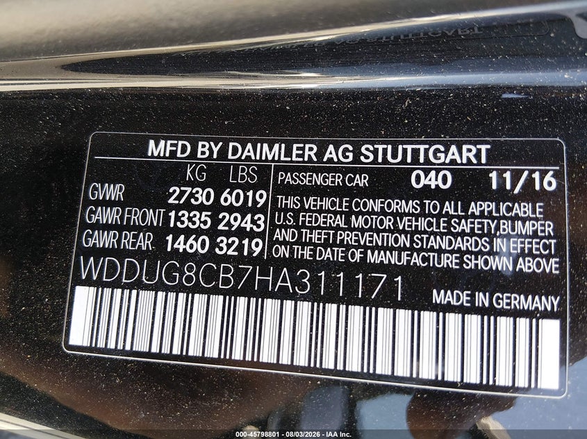 2017 Mercedes-benz S-klasse VIN WDDUG8CB7HA311171 IAAI salvage auction — NORMAL WEAR, Salvage Title, sold $5,750 on 2026-08-17 (photo 9)