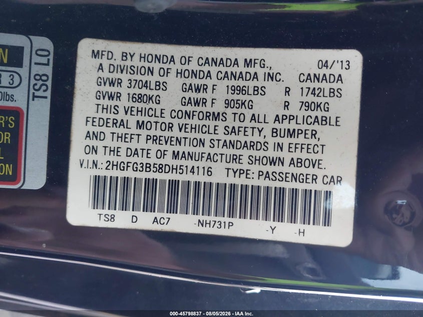2013 Honda Civic VIN 2HGFG3B58DH514116 IAAI salvage auction — REAR END, Salvage Title, sold $1,000 on 2026-08-29 (photo 9)