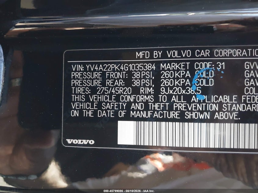 2016 Volvo Xc90 VIN YV4A22PK4G1035384 IAAI salvage auction — REAR END, Salvage Certificate (California), sold $6,975 on 2026-09-09 (photo 9)