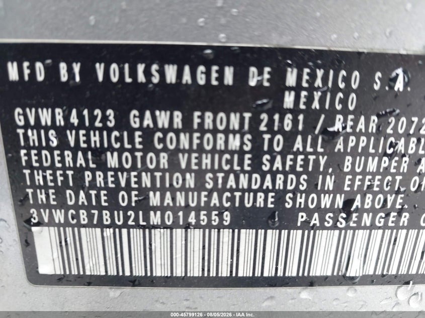 2020 Volkswagen Jetta VIN 3VWCB7BU2LM014559 IAAI salvage auction — FRONT END, Salvage Title, sold $2,700 on 2026-09-22 (photo 9)