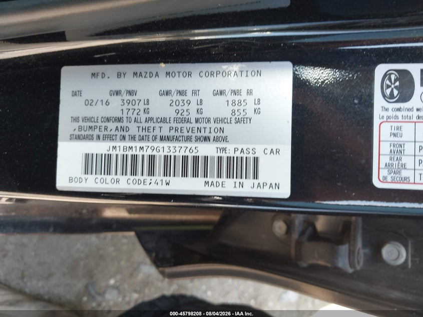 2016 Mazda 3 VIN JM1BM1M79G1337765 IAAI salvage auction — FRONT END, Salvage Title, sold $1,650 on 2026-09-11 (photo 9)
