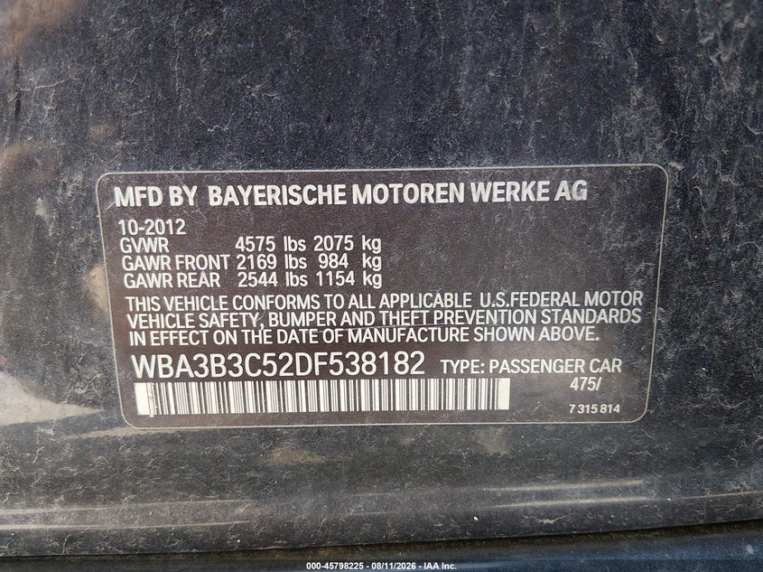 2013 BMW 3er VIN WBA3B3C52DF538182 IAAI salvage auction — NORMAL WEAR, Salvage Title, sold $1,050 on 2026-08-21 (photo 9)