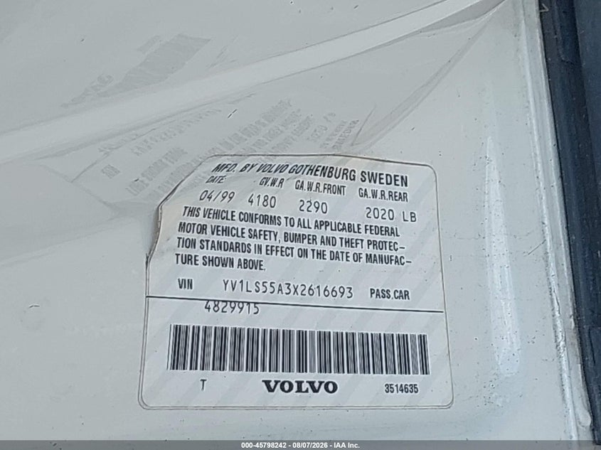 1999 Volvo S70 VIN YV1LS55A3X2616693 IAAI salvage auction — NORMAL WEAR, Clear (Indiana), sold $225 on 2026-08-13 (photo 9)