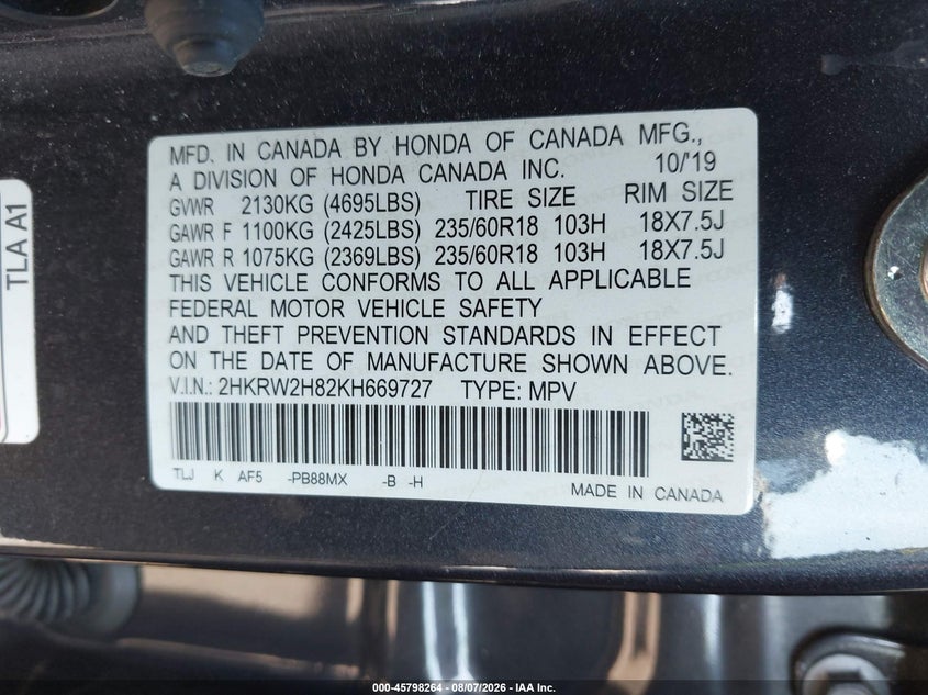 2019 Honda CR-V VIN 2HKRW2H82KH669727 IAAI salvage auction — Front End, Salvage, sold $7,475 on 2026-10-19 (photo 9)