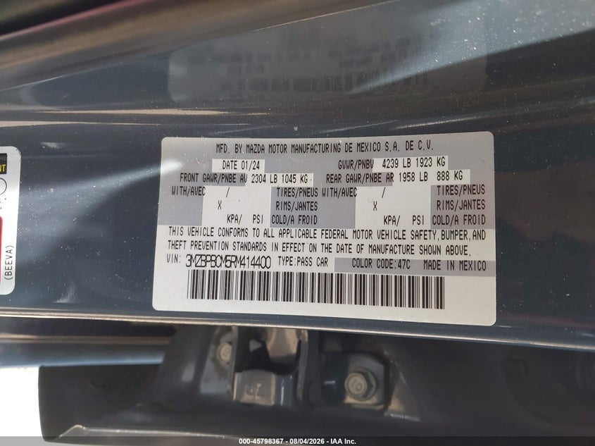 2024 Mazda 3 VIN 3MZBPBCM5RM414400 IAAI salvage auction — UNKNOWN, Salvage Title, sold $13,300 on 2026-08-17 (photo 9)