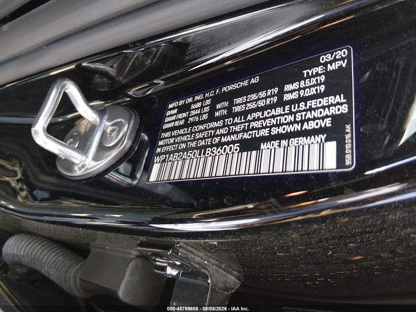 2020 Porsche Macan VIN WP1AB2A50LLB36005 IAAI salvage auction — LEFT SIDE, Wait Title, sold $12,600 on 2026-10-08 (photo 9)