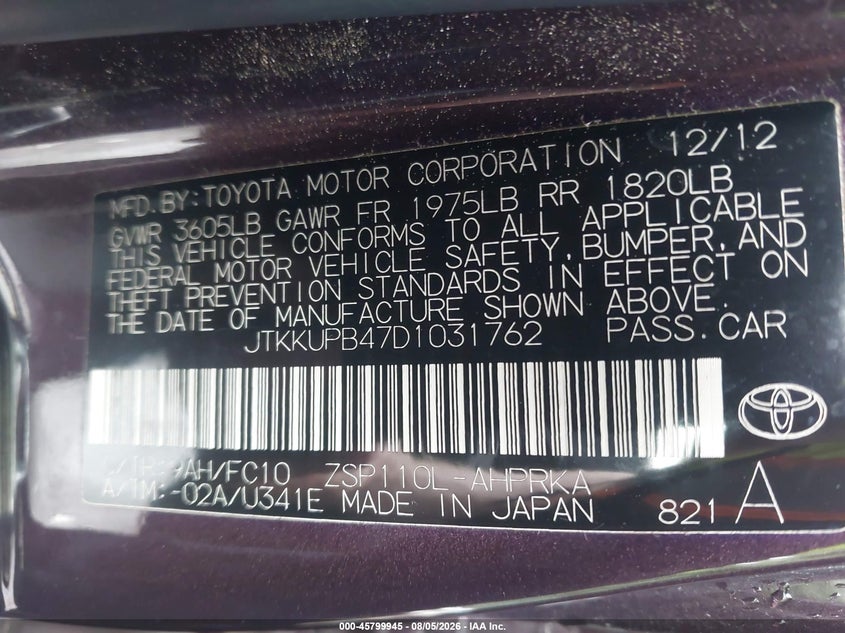 2013 Scion Xd VIN JTKKUPB47D1031762 IAAI salvage auction — FRONT END, Salvage (North Carolina), sold $675 on 2026-08-29 (photo 9)