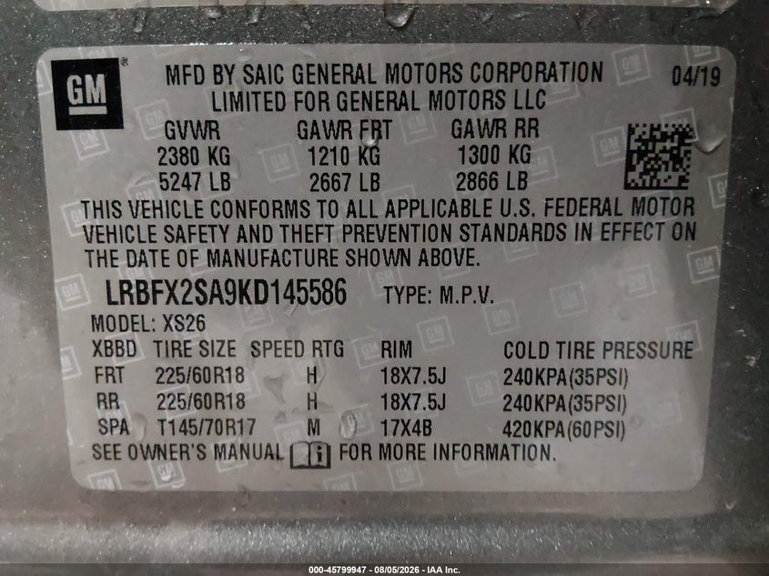 2019 Buick Envision VIN LRBFX2SA9KD145586 IAAI salvage auction — RIGHT FRONT, Salvage Title, sold $5,600 on 2026-09-30 (photo 9)
