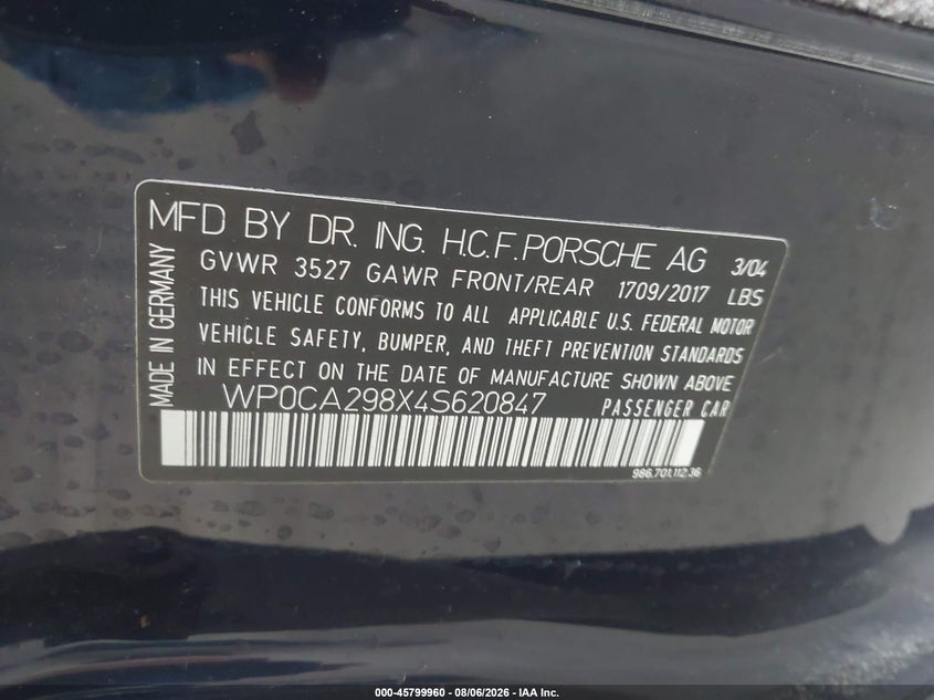 2004 Porsche Boxster VIN WP0CA298X4S620847 IAAI salvage auction — MECHANICAL, Clear (New York), sold $4,700 on 2026-08-12 (photo 9)