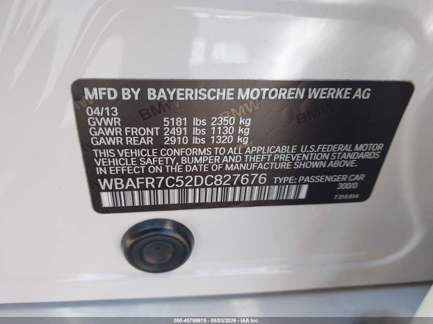 2013 BMW 5er VIN WBAFR7C52DC827676 IAAI salvage auction — FRONT END, Salvage Title, sold $1,250 on 2026-08-22 (photo 9)