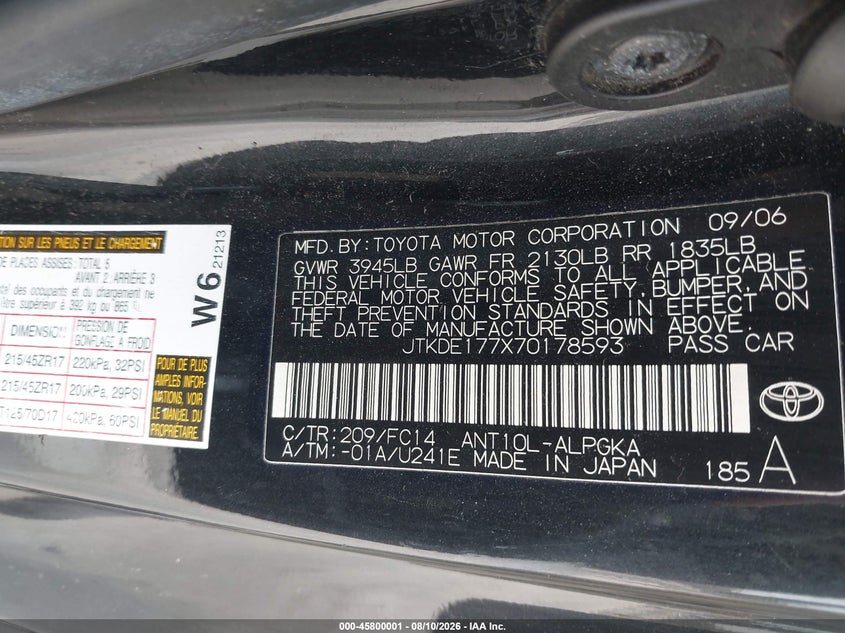 2007 Scion Tc VIN JTKDE177X70178593 IAAI salvage auction — NORMAL WEAR, Clear-Endorsement (Wisconsin), sold $400 on 2026-09-03 (photo 9)