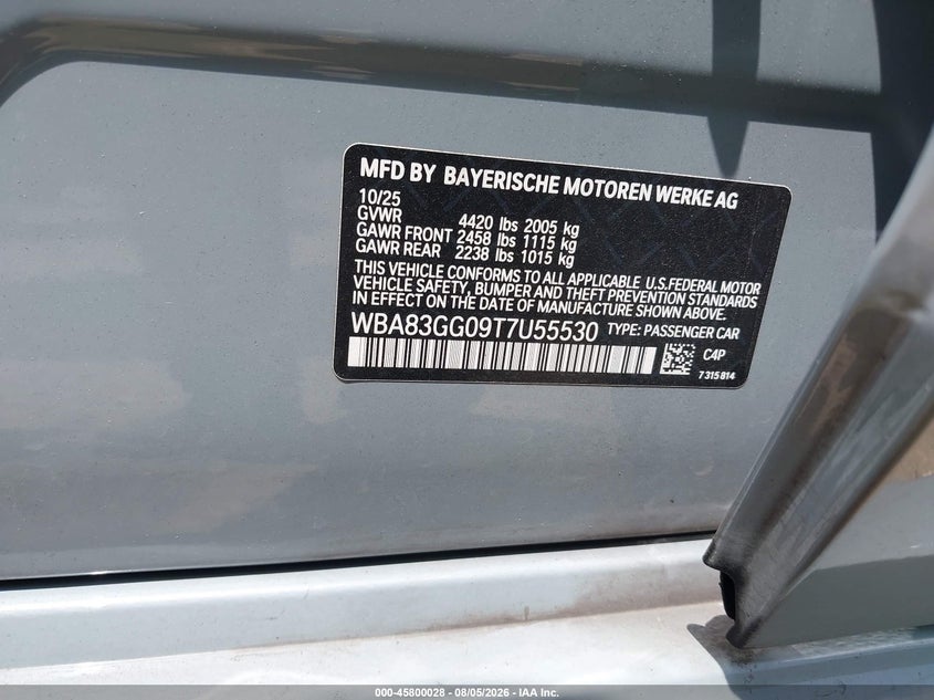 2026 BMW 2er VIN WBA83GG09T7U55530 IAAI salvage auction — NORMAL WEAR, Clear (Florida), sold $19,800 on 2026-08-13 (photo 9)