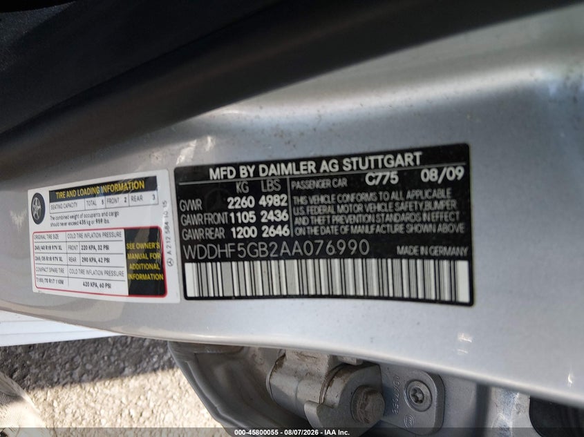 2010 Mercedes-benz E-klasse VIN WDDHF5GB2AA076990 IAAI salvage auction — REAR END, Salvage Certificate (California), sold $975 on 2026-08-28 (photo 9)