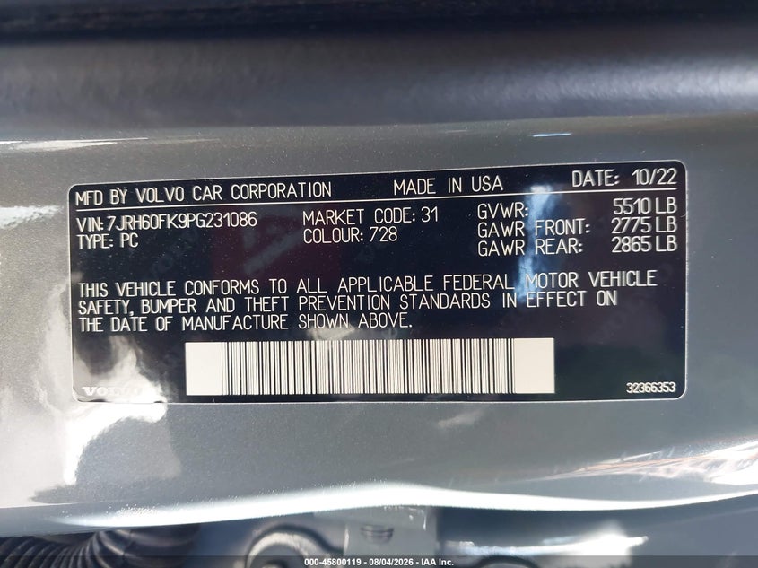 2023 Volvo S60 VIN 7JRH60FK9PG231086 IAAI salvage auction — FRONT END, Salvage Title, sold $8,800 on 2026-08-15 (photo 9)